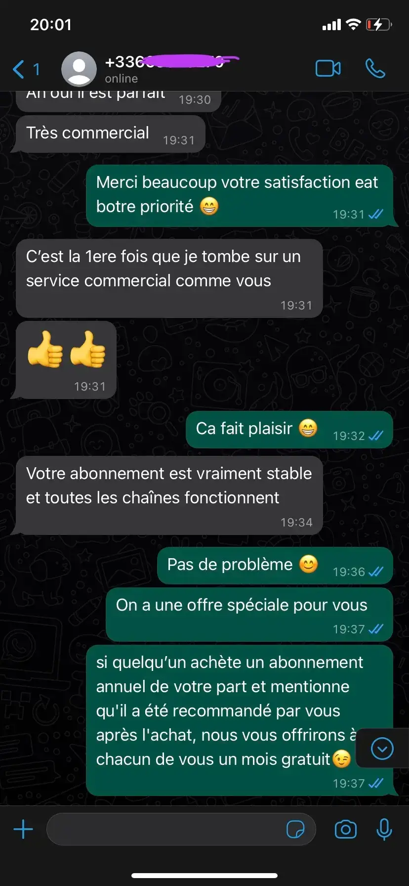 Capture WhatsApp avis client IPTV Afrique — abonnement stable, toutes chaînes fonctionnent