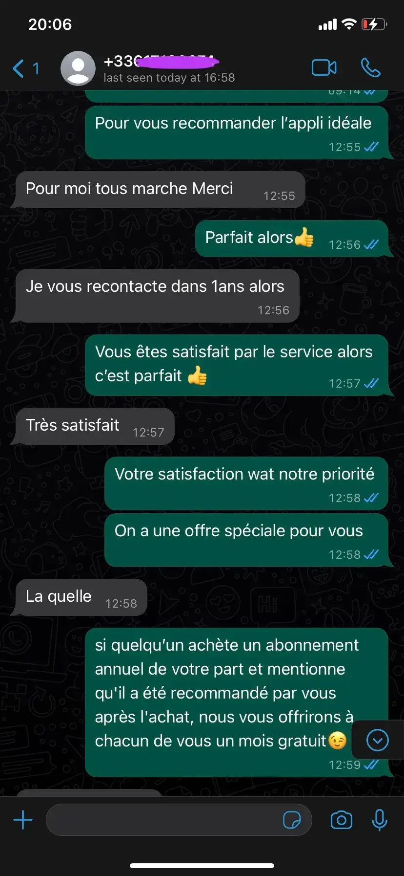 Capture WhatsApp avis client très satisfait abonnement IPTV Afrique Pro — renouvellement garanti